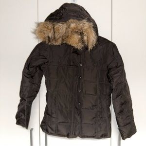 GIRLS | Sz Medium GAP Jacket Winter Puffer with attached Fur Hood - Black